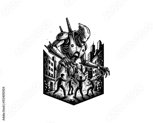 woodcut linocut illustration of giant modern robot invading people in a big city resembling ai artificial intelligence android machine conquer human race 