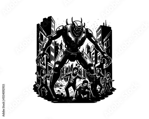 woodcut linocut illustration of giant modern robot invading people in a big city resembling ai artificial intelligence android machine conquer human race 
