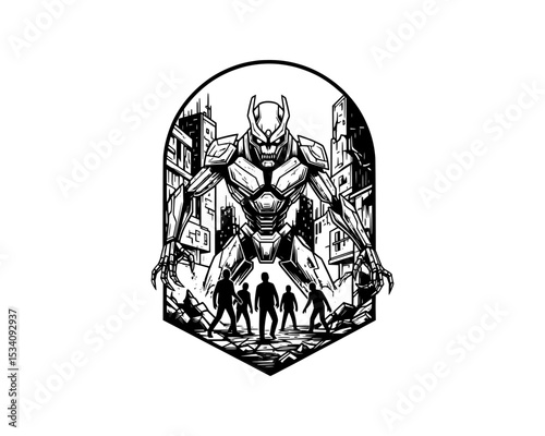 woodcut linocut illustration of giant modern robot invading people in a big city resembling ai artificial intelligence android machine conquer human race 