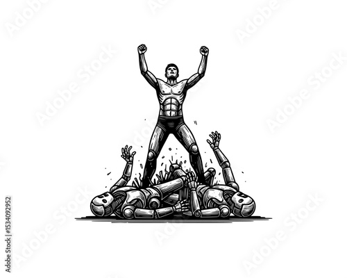 woodcut linocut illustration of strong male human standing upon robotic machine ruins resembling man resistance movement against artificial intelligence android machine, people won