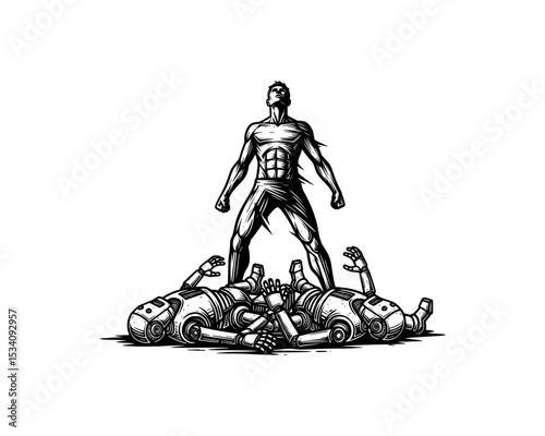woodcut linocut illustration of strong male human standing upon robotic machine ruins resembling man resistance movement against artificial intelligence android machine, people won