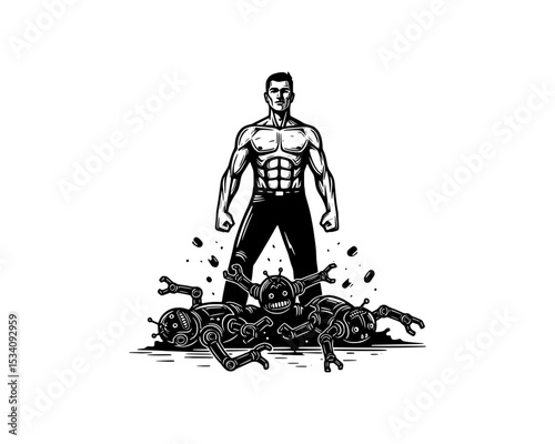 woodcut linocut illustration of strong male human standing upon robotic machine ruins resembling man resistance movement against artificial intelligence android machine, people won