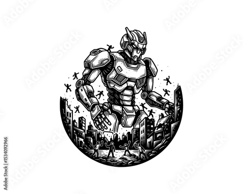 woodcut linocut illustration of giant robot invading people in a big city resembling ai artificial intelligence android machine conquer human race 