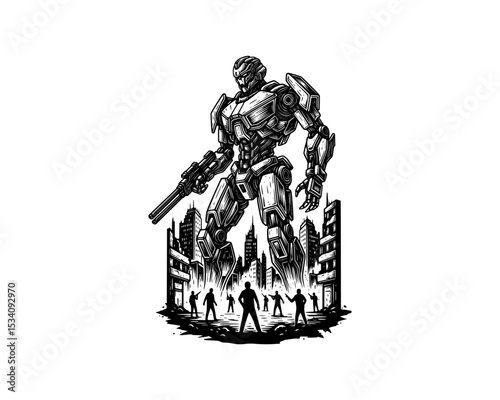 woodcut linocut illustration of giant robot invading people in a big city resembling ai artificial intelligence android machine conquer human race 