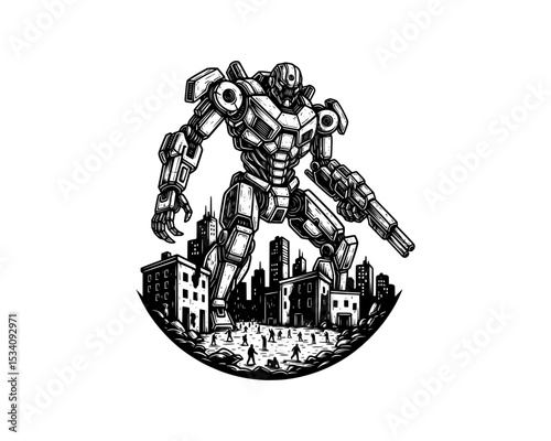 woodcut linocut illustration of giant robot invading people in a big city resembling ai artificial intelligence android machine conquer human race 