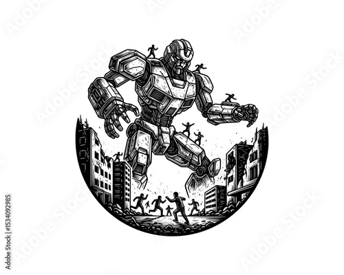 woodcut linocut illustration of giant robot invading people in a big city resembling ai artificial intelligence android machine conquer human race 