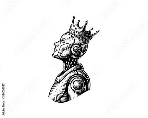 woodcut linocut illustration of half body robot figure wearing a crown looking upward resembling ai artificial intelligence android machine conquer human race 