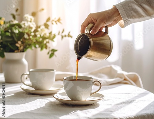 Café sendo servido em mesa posta com flores e luz natural