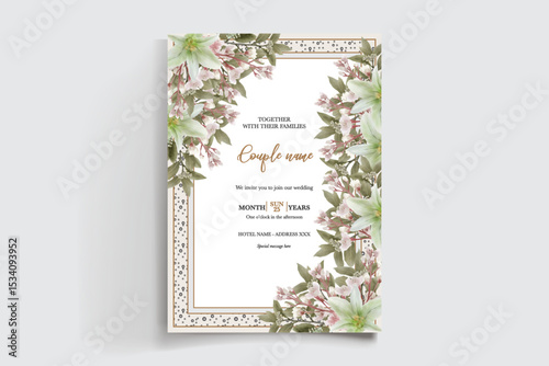 WEDDING INVITATION FRAME WITH FLOWER DECORATIONS AND FRESH LEAVES