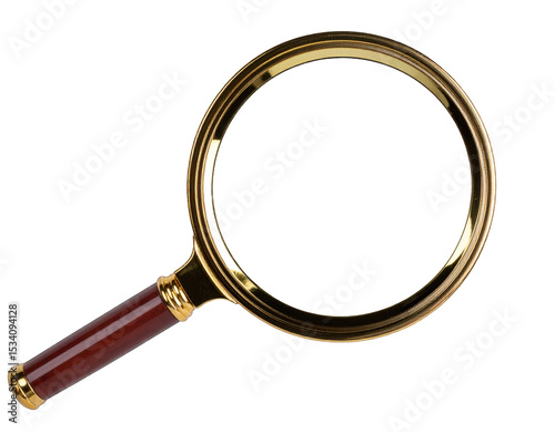 The luxurious close-up shot showcases a magnifying glass with gold and wood trim. It conveys investigation, retro technology, and luxury with its design and the clean studio aesthetic.