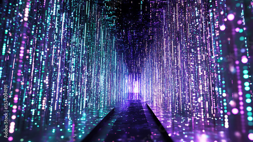 A vibrant digital tunnel with cascading light particles in blue and purple hues.