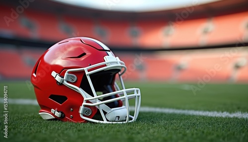 Close-up of red football helmet on stadium grass field. White protective face mask, professional sport equipment for head protection. American football game concept. photo