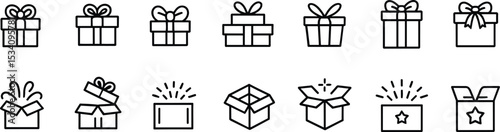 Gift box icon set, line style, open and closed packages, surprise box symbols, festive present collection for celebration, holiday, shopping, surprise and event decoration