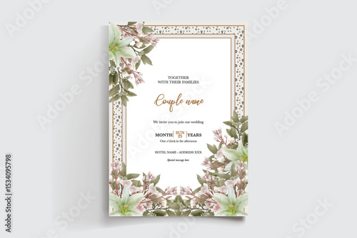 WEDDING INVITATION FRAME WITH FLOWER DECORATIONS AND FRESH LEAVES