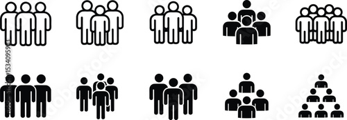 Group team icon set, corporate people avatar pack, black and white teamwork illustration, organizational structure symbols, employee management, business leader concept, human figure icons