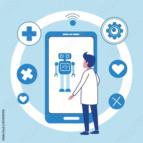 Mobile Doctor App with AI Robot Diagnosis Technology Illustration