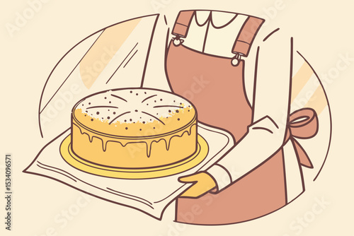 Homemade sponge cake on tray held by person in apron and chef uniform
