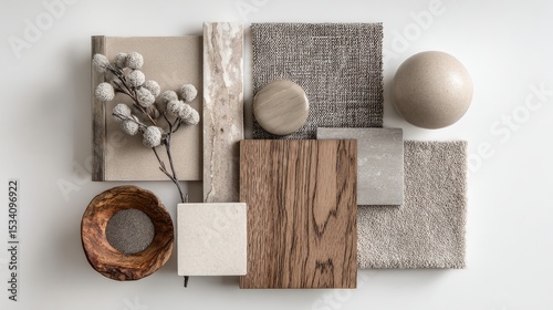 Ultra quality image of material mood board for kitchen, neutral colors.