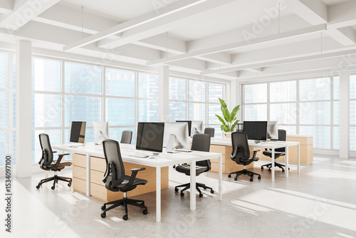 Modern open space office interior with ergonomic chairs, wooden desks, large windows, bright daylight, and minimalist design concept. 3D Rendering photo