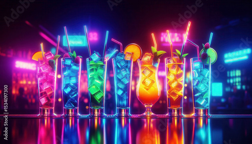 Neon glowing cocktails with ice mint citrus and berries in tall glasses lined on bar counter in futuristic nightclub with vibrant lighting