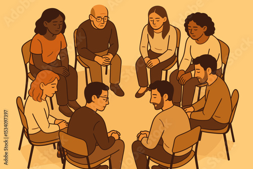 Diverse support group sitting in circle engaging in open mental health discussion