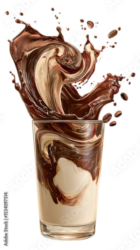 Chocolate Swirl Splashing into Modern Glass on Transparent Background

