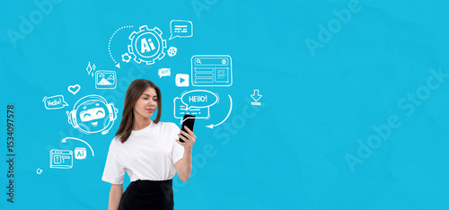Woman using smartphone with AI chatbot icons on blue background