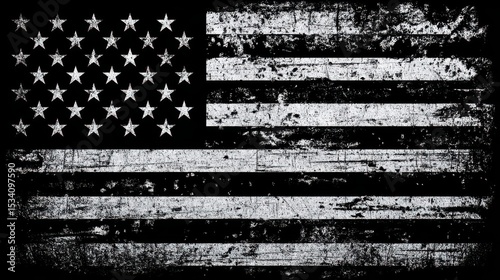 Ultra quality image of black and white American flag, distressed with a grunge texture on a black background.