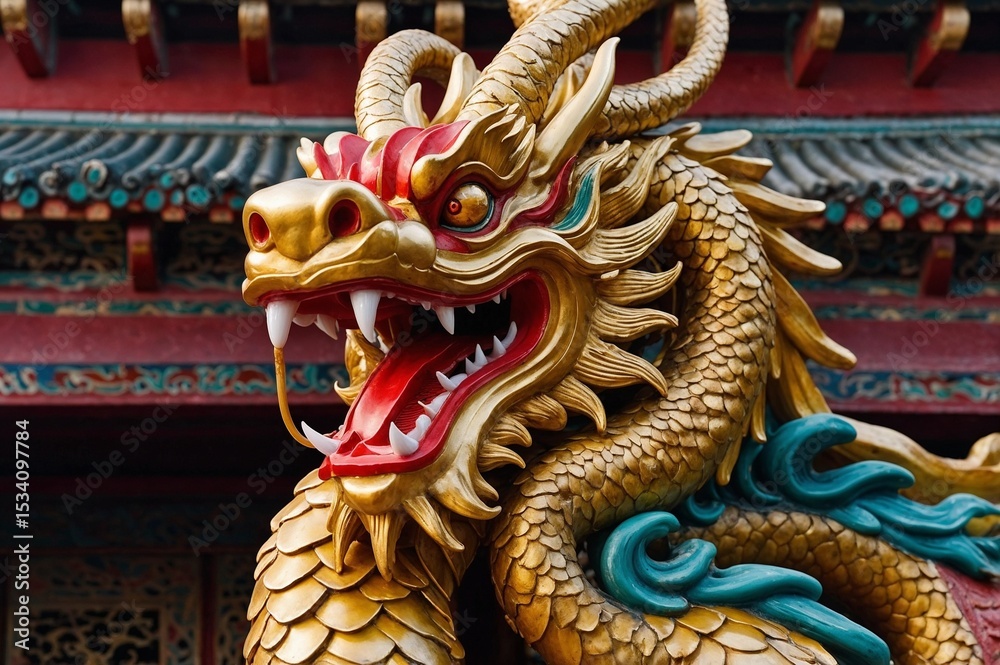 Fototapeta premium Chinese Golden Dragon Sculpture with Traditional Temple Background