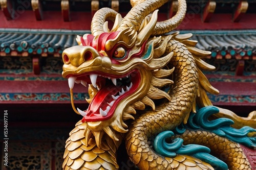 Chinese Golden Dragon Sculpture with Traditional Temple Background