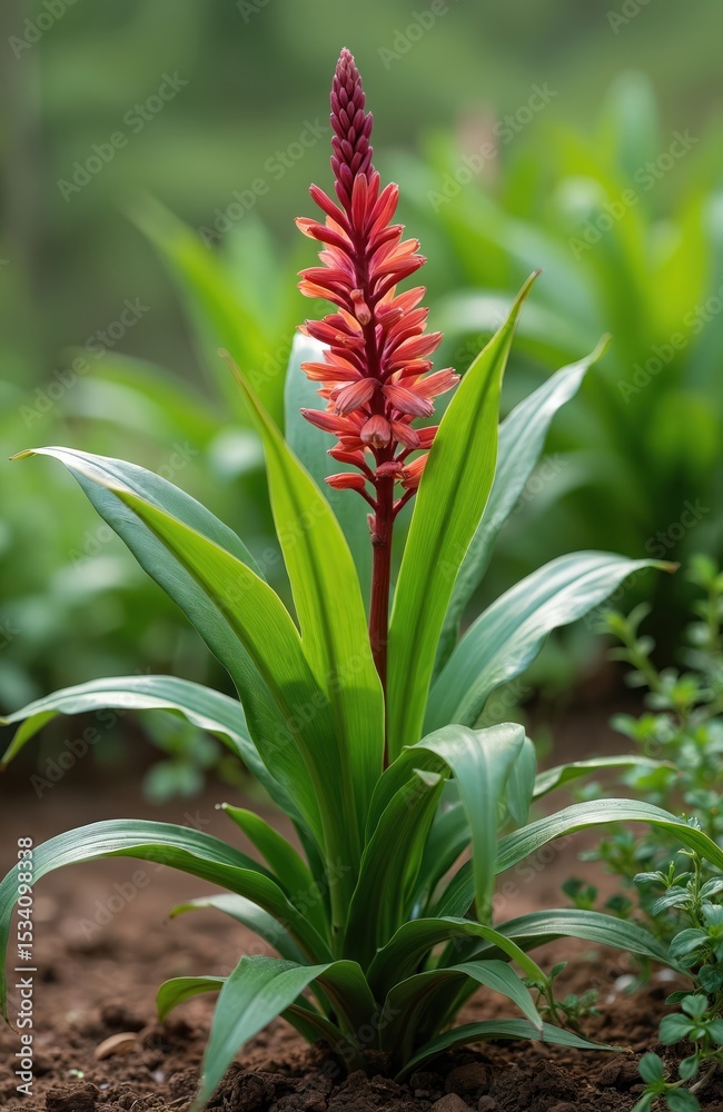 Obraz premium Vibrant red flower of Thalia geniculata plant, against green leaf foliage. Ornamental plant at farm, nature landscape, gardening, botany theme. Bloom flower, summer colors, for ecology, eco design.