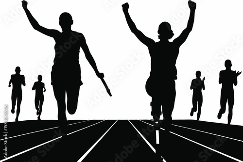 Silhouette of Relay Race Runners Celebrating Victory on Track.