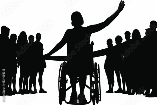 Silhouette of a person in a wheelchair addressing a crowd with raised arm.