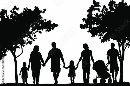 Silhouette of a family walking together with a stroller between trees.