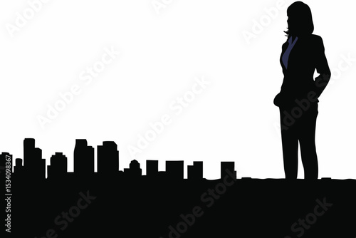 Silhouette of a businesswoman overlooking a city skyline at dusk confident posture.