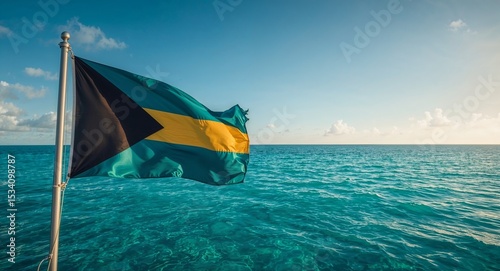 Bahamas flag waving in the wind over turquoise ocean against blue sky on a sunny day at the coast photo