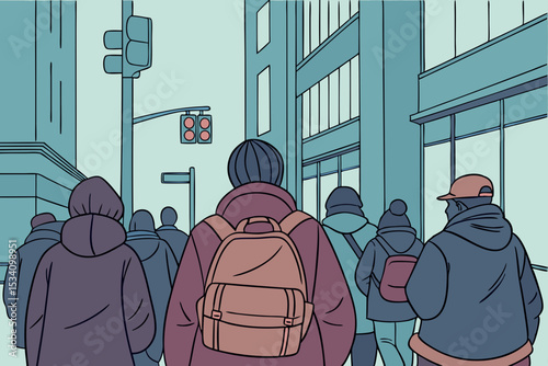 Crowd of people wearing winter clothes walking along city street buildings