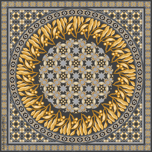 Scarf vector pattern from golden laurel wreath and olive branches on a gray and gold mosaic backdrop