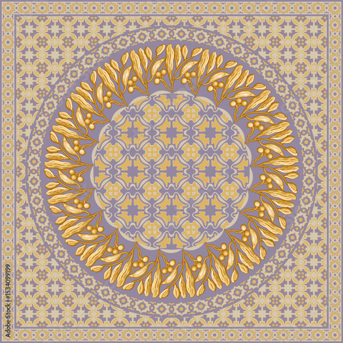 Scarf vector pattern from golden laurel wreath and olive branches on a light purple mosaic backdrop