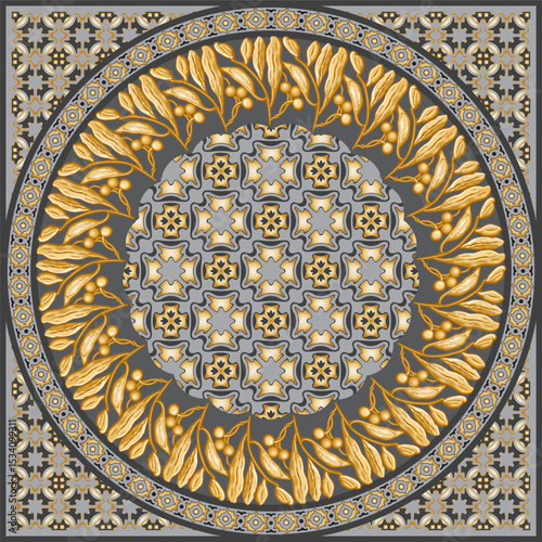 Scarf vector pattern from golden laurel wreath and olive branches on a gray and gold mosaic backdrop