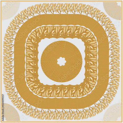 Scarf vector pattern from golden laurel wreath and olive tree branches on a light grey backdrop