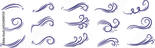 Set of decorative abstract wave and swirl elements in hand-drawn style, perfect for use in tattoo design, graphic decoration, motion icons, and artistic embellishment