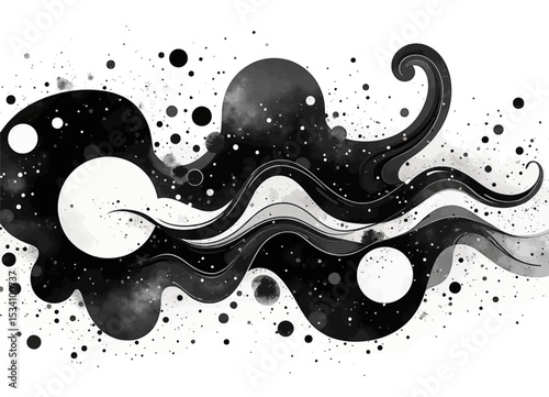 Abstract Cosmic Waves in Monochrome with Dots and Circles