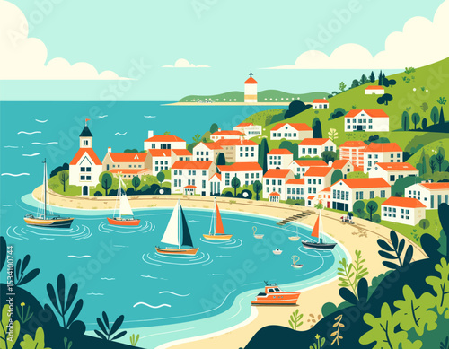 "Charming Coastal Village: Serene Boats and Lighthouse"