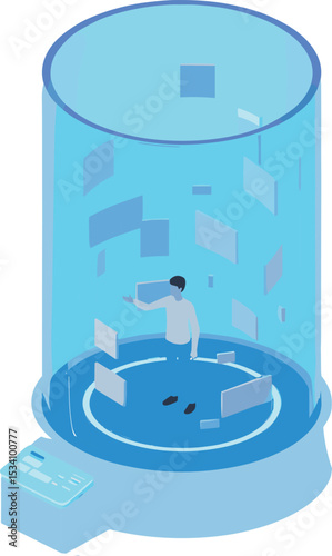 Futuristic virtual interface, man in digital space, immersive technology environment, holographic data display, advanced innovation, virtual interaction chamber, flat vector illustration