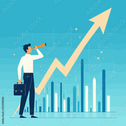 Businessman Observing Growth Trend with Telescope in Modern Cityscape
