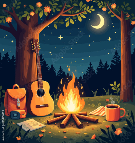 Campfire Serenade: Nighttime Forest with Guitar and Coffee
