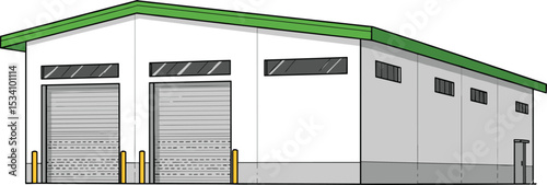 Industrial warehouse building, metal structure with green roof, storage facility design, large garage doors, commercial logistics hub, modern factory style exterior

 flat vector illustration