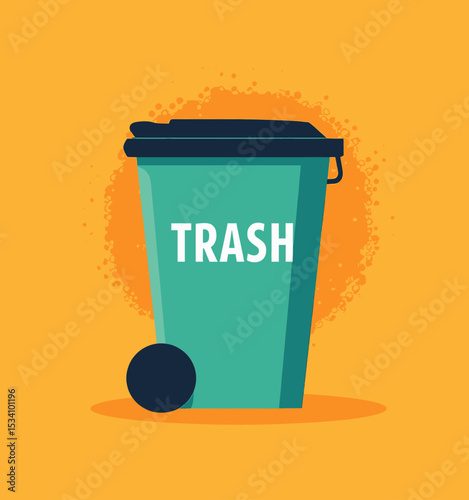 Colorful Trash Bin on Orange Background with Bubbles