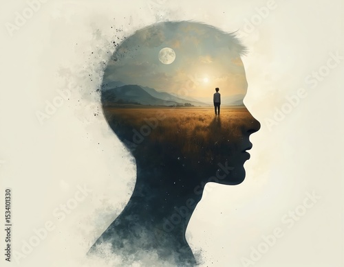Illustration depicts therapy concept hypnosis, regression, introspection. Human silhouette filled serene landscape, full moon, lone figure, evoking mind healing, consciousness. AI generated art.